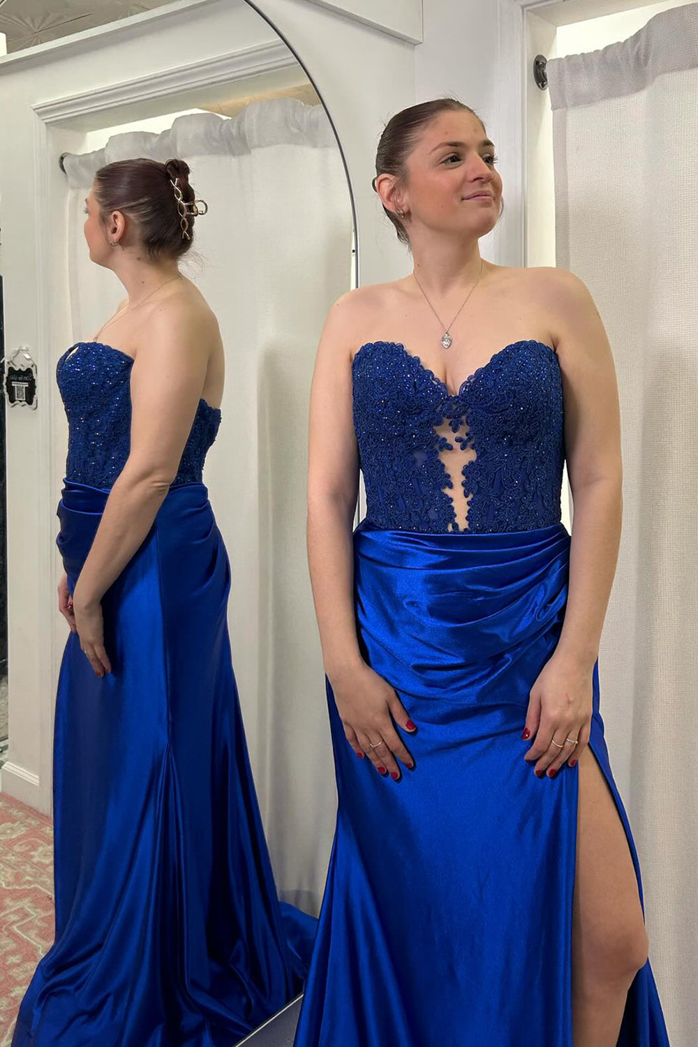 Sweetheart Navy Prom Dress Mermaid Corset Long Evening Dress with Slit