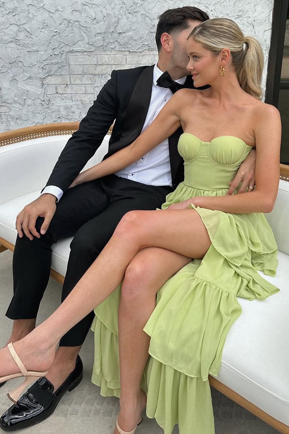 Dreamyannie Sweetheart Light Green Layered Ruffle Evening Dress With Slit Formal Evening Gown