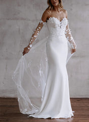 Sweetheart Long Sleeve Lace/Elastic Satin Wedding Dress with Sheath Silhouette and Sweep Train