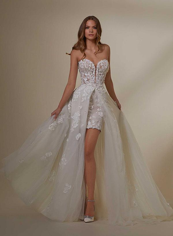 Sweetheart Long Sleeves Lace Beach Wedding Dresses With Detachable Train