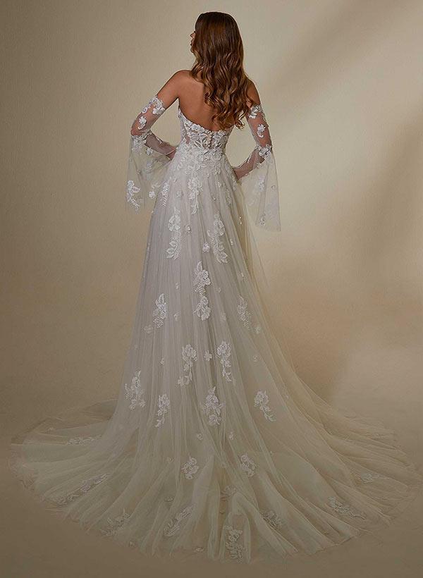 Sweetheart Long Sleeves Lace Beach Wedding Dresses With Detachable Train