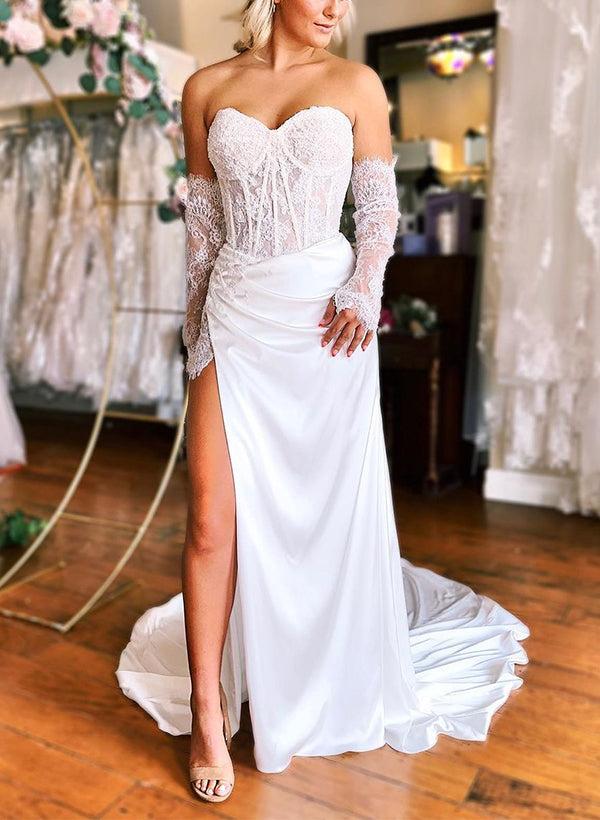 Sweetheart Long Sleeves Satin Beach Wedding Dresses With Split Front
