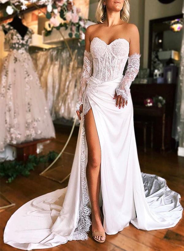 Sweetheart Long Sleeves Satin Beach Wedding Dresses With Split Front