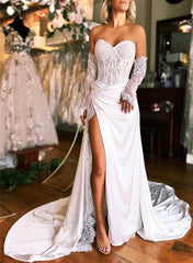 Sweetheart Long Sleeves Satin Beach Wedding Dresses With Split Front