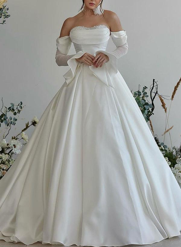 Sweetheart Long Sleeves Silk Like Satin Beach Wedding Dress With Beading