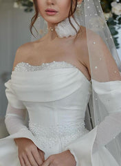 Sweetheart Long Sleeves Silk Like Satin Beach Wedding Dress With Beading