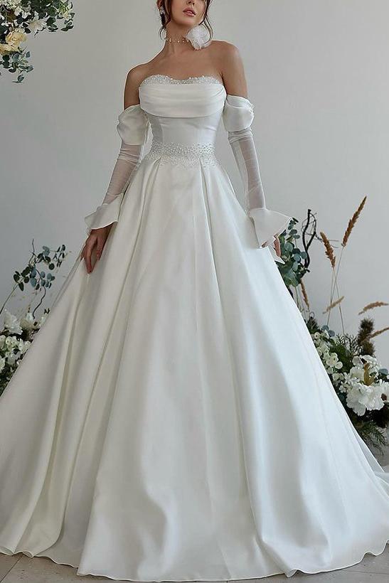 Sweetheart Long Sleeves Silk Like Satin Beach Wedding Dress With Beading