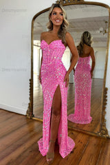 Sweetheart Mermaid Sequined Prom Dress With High Slit Skirt Evening Gown