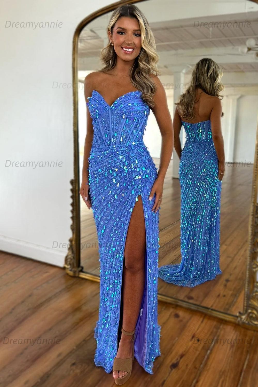 Sweetheart Mermaid Sequined Prom Dress With High Slit Skirt Evening Gown