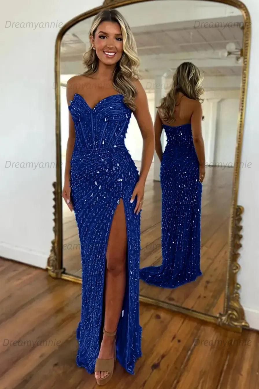 Sweetheart Mermaid Sequined Prom Dress With High Slit Skirt Evening Gown