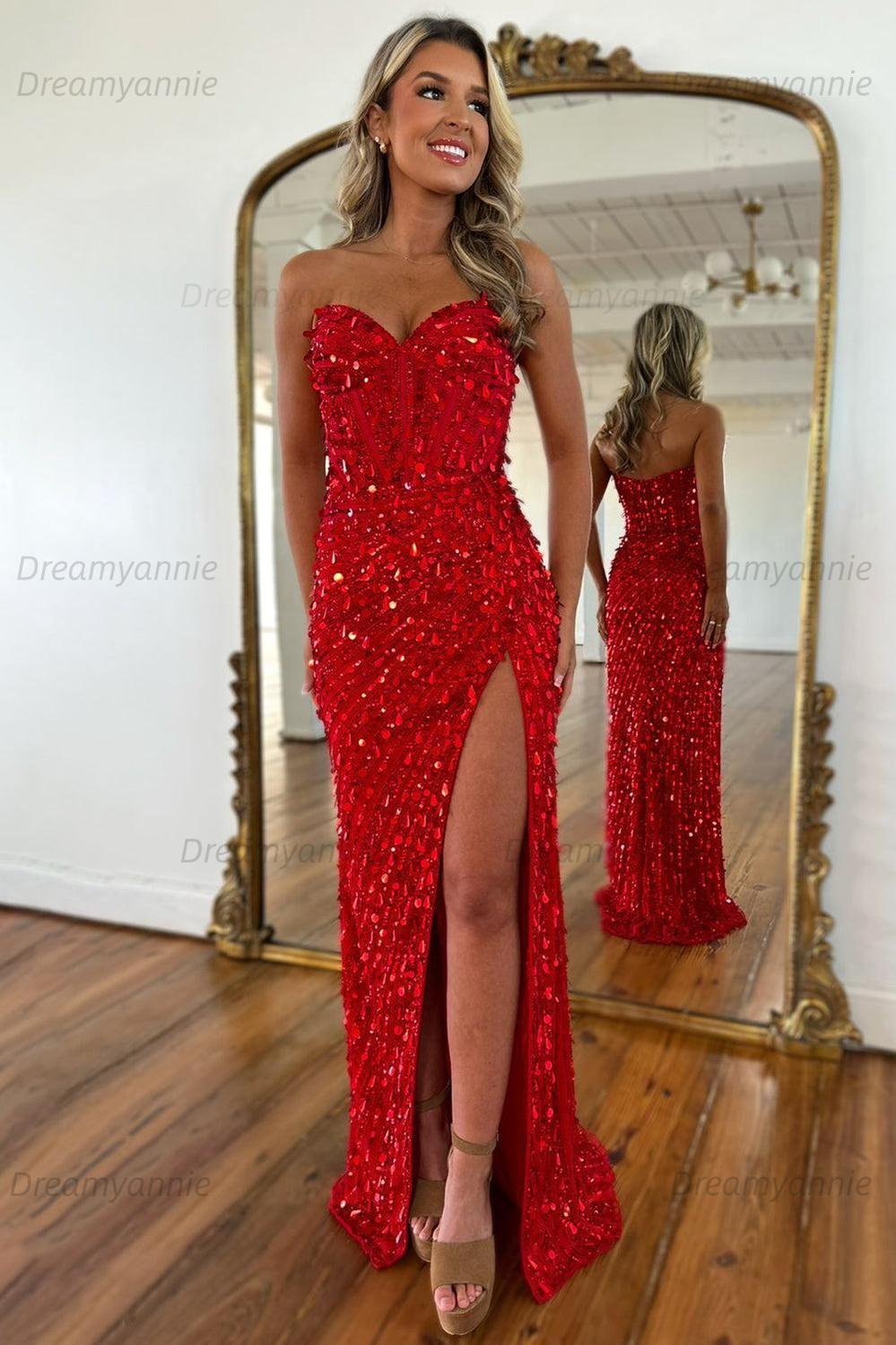 Sweetheart Mermaid Sequined Prom Dress With High Slit Skirt Evening Gown