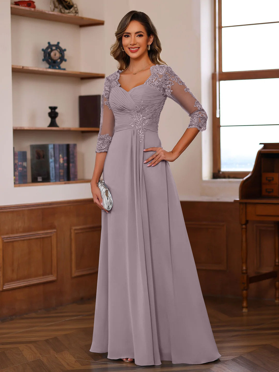 Sweetheart Neck A-Line Princess Gown with 3/4 Sleeves Floor-Length Lace Bridal Dress Featuring Ruffles & Appliques
