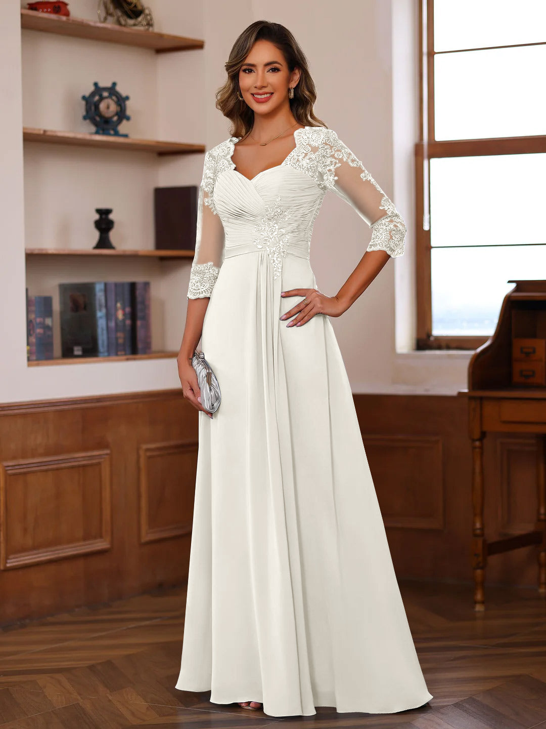 Sweetheart Neck A-Line Princess Gown with 3/4 Sleeves Floor-Length Lace Bridal Dress Featuring Ruffles & Appliques