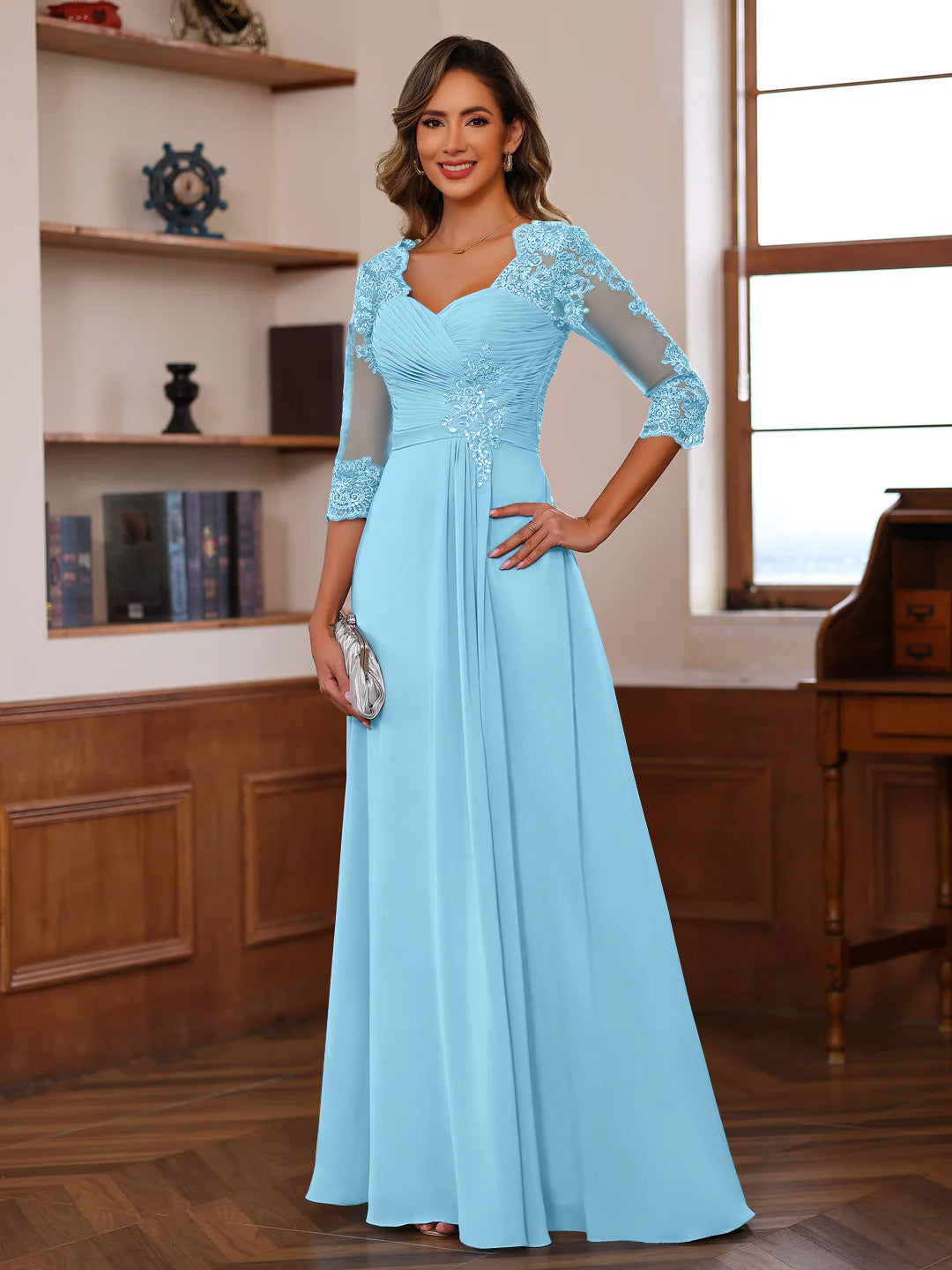 Sweetheart Neck A-Line Princess Gown with 3/4 Sleeves Floor-Length Lace Bridal Dress Featuring Ruffles & Appliques