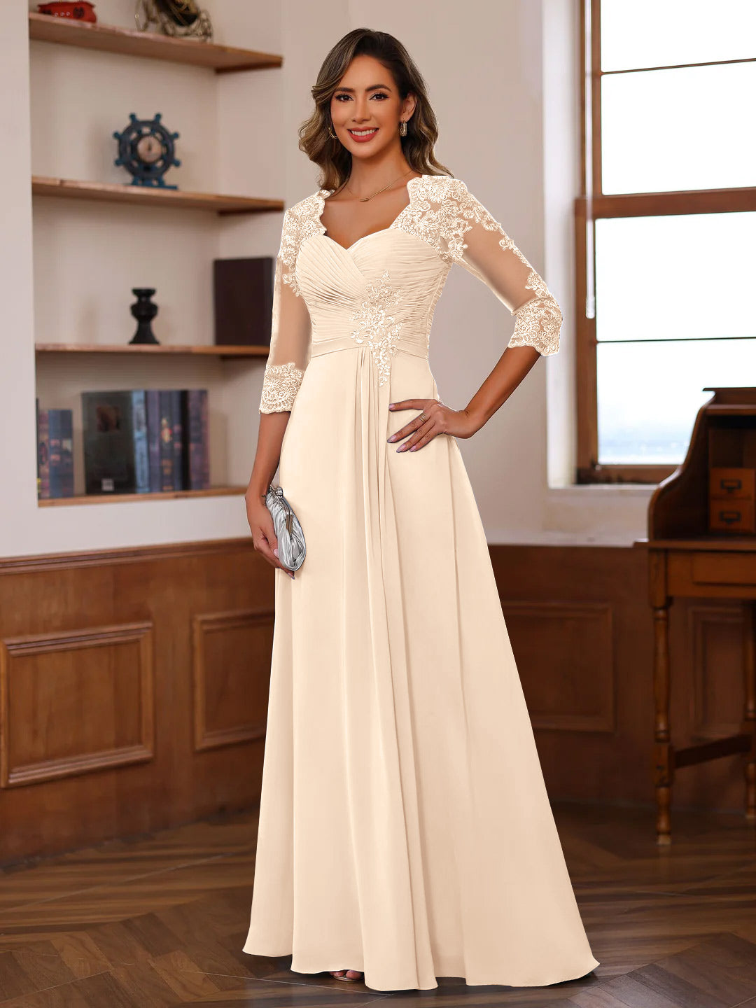 Sweetheart Neck A-Line Princess Gown with 3/4 Sleeves Floor-Length Lace Bridal Dress Featuring Ruffles & Appliques