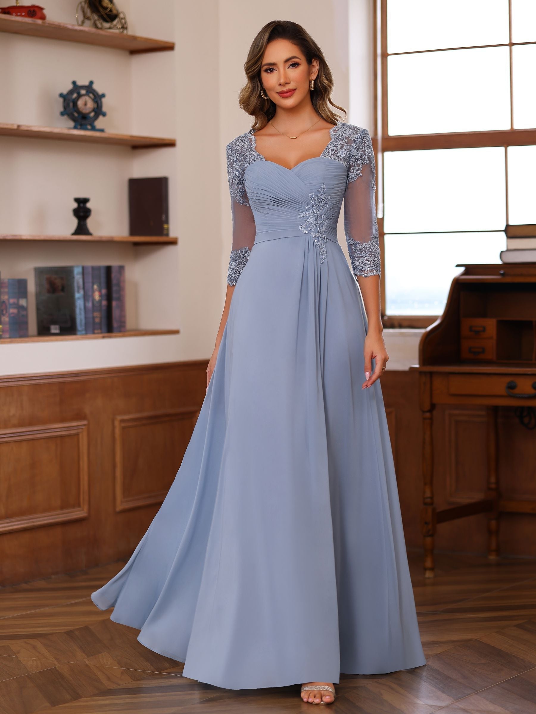 Sweetheart Neck A-Line Princess Gown with 3/4 Sleeves Floor-Length Lace Bridal Dress Featuring Ruffles & Appliques