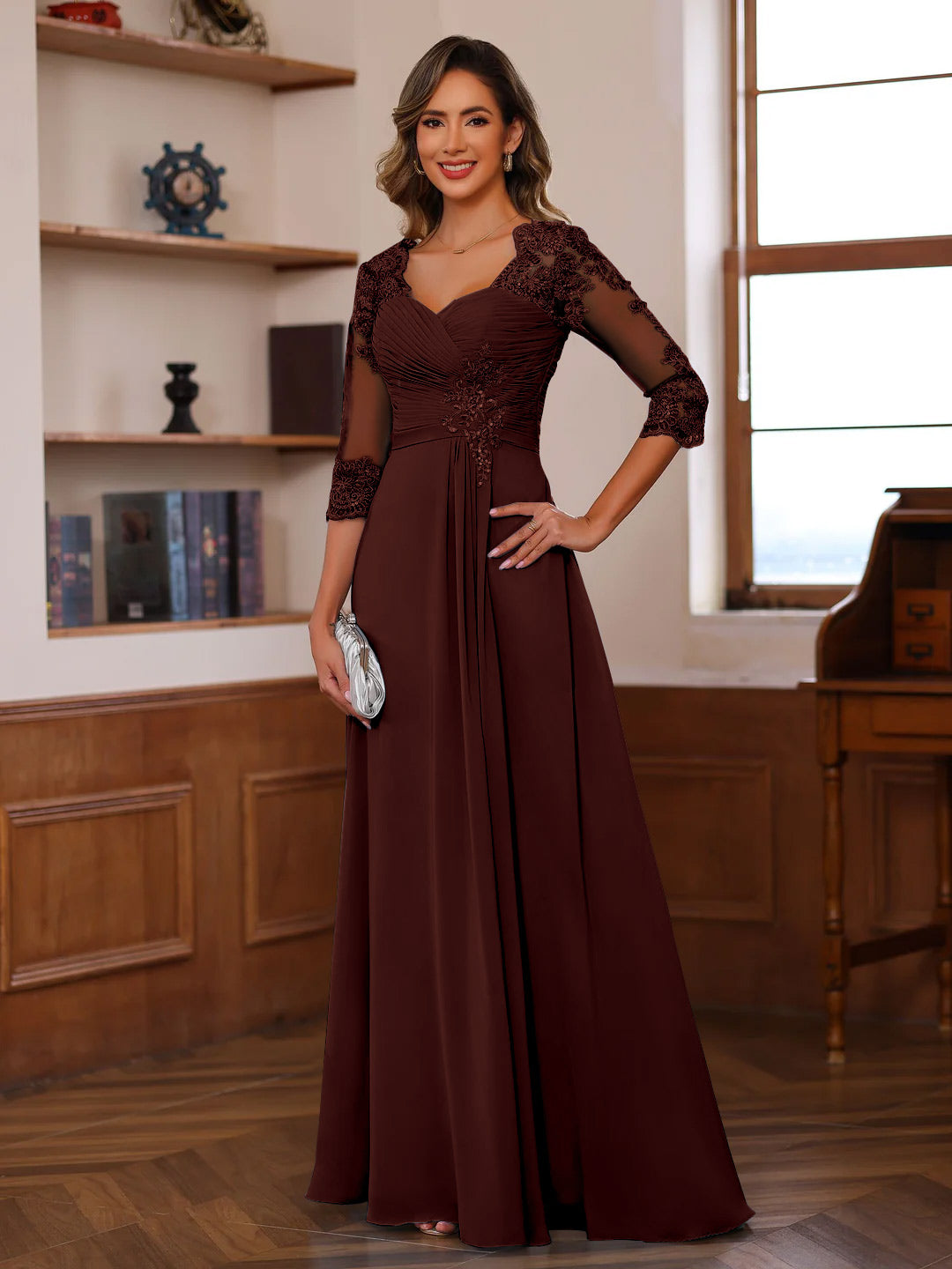 Sweetheart Neck A-Line Princess Gown with 3/4 Sleeves Floor-Length Lace Bridal Dress Featuring Ruffles & Appliques