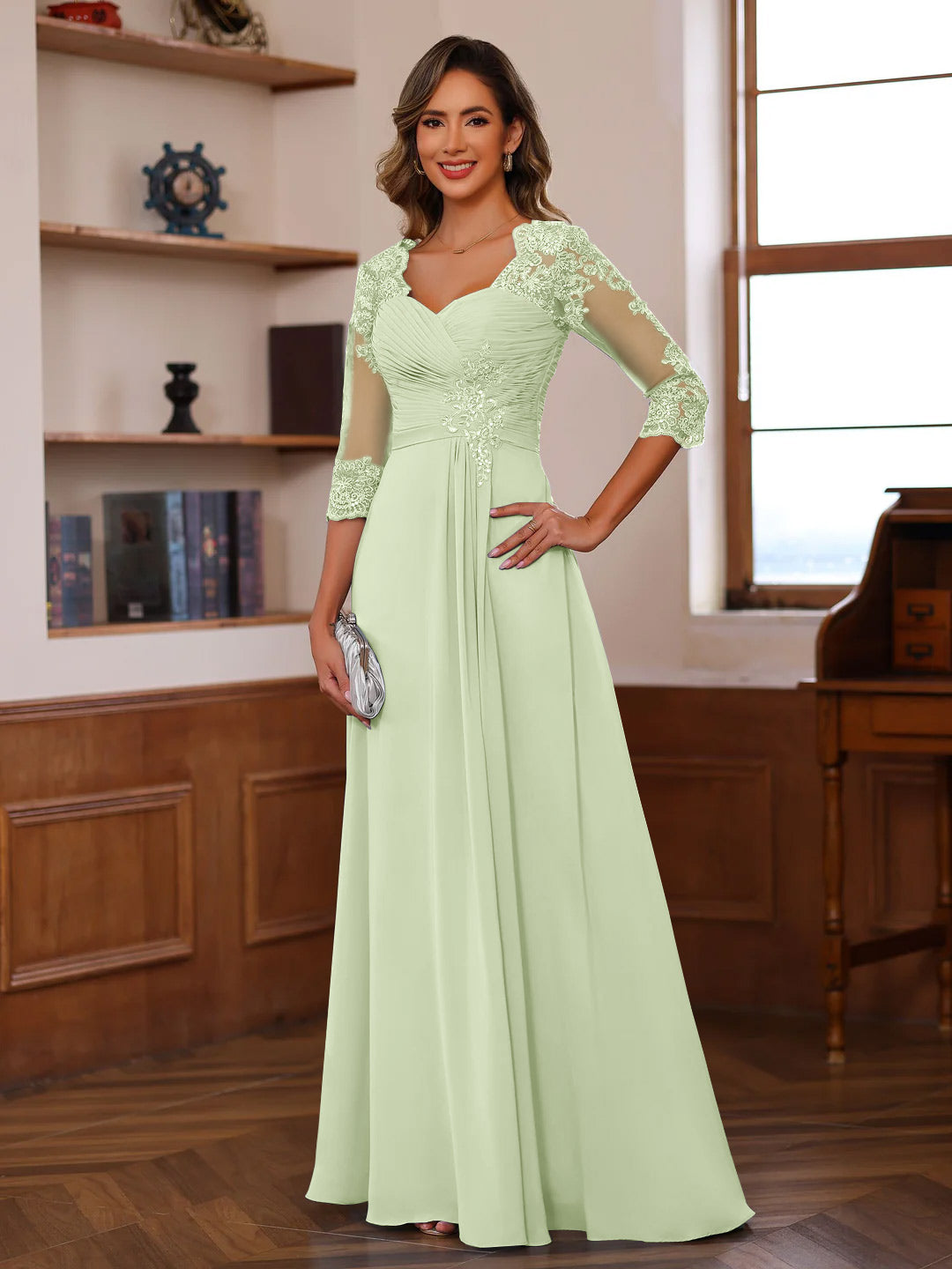 Sweetheart Neck A-Line Princess Gown with 3/4 Sleeves Floor-Length Lace Bridal Dress Featuring Ruffles & Appliques