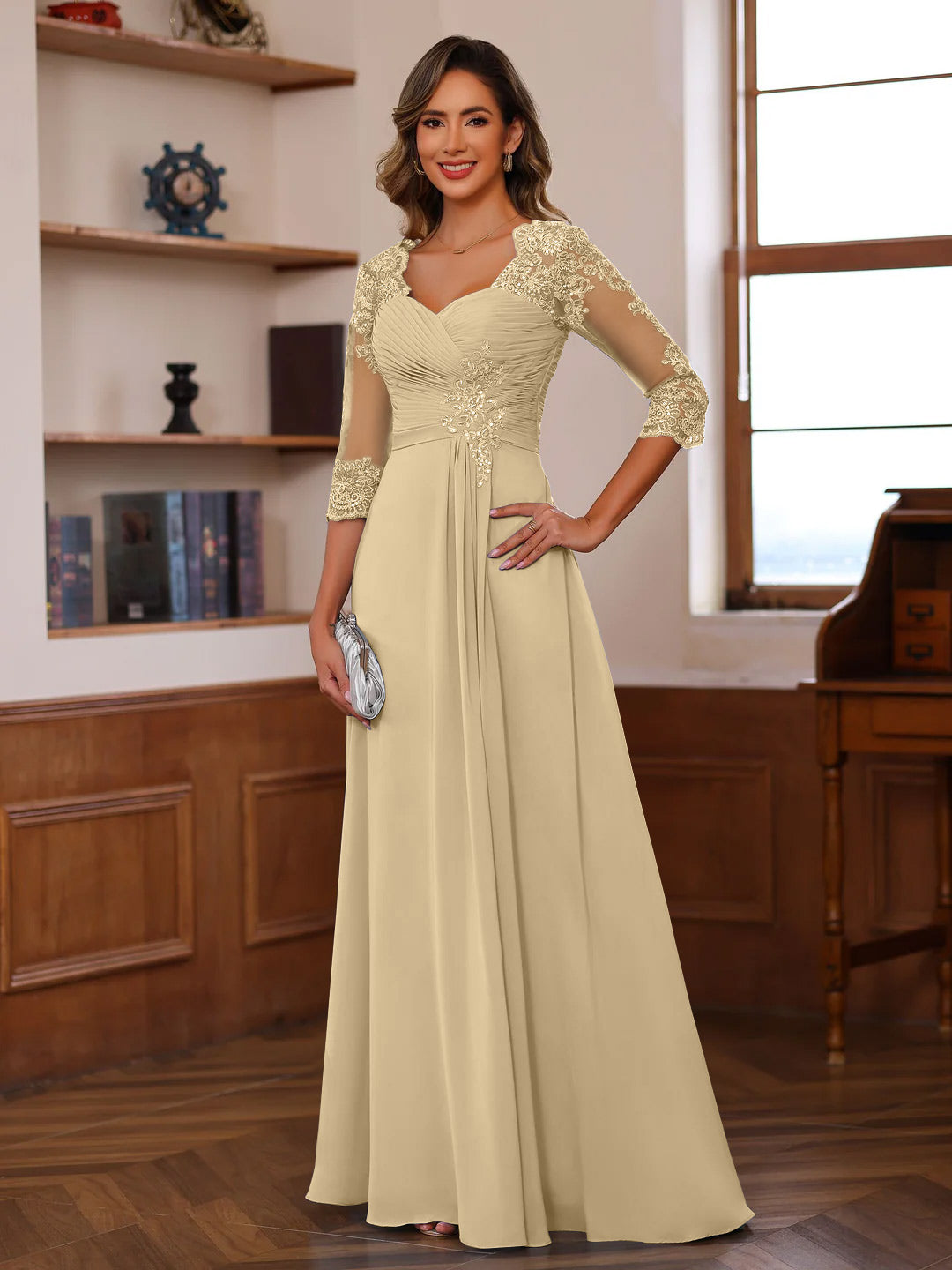 Sweetheart Neck A-Line Princess Gown with 3/4 Sleeves Floor-Length Lace Bridal Dress Featuring Ruffles & Appliques