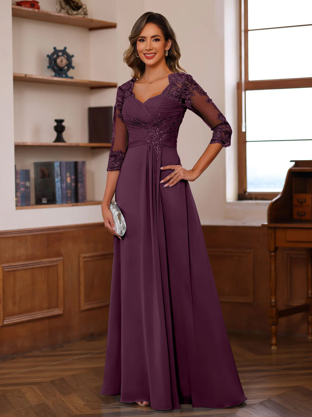 Sweetheart Neck A-Line Princess Gown with 3/4 Sleeves Floor-Length Lace Bridal Dress Featuring Ruffles & Appliques