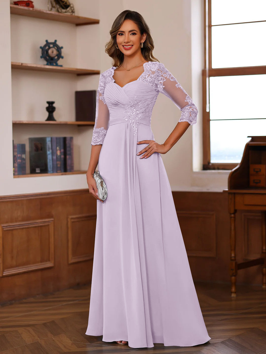Sweetheart Neck A-Line Princess Gown with 3/4 Sleeves Floor-Length Lace Bridal Dress Featuring Ruffles & Appliques