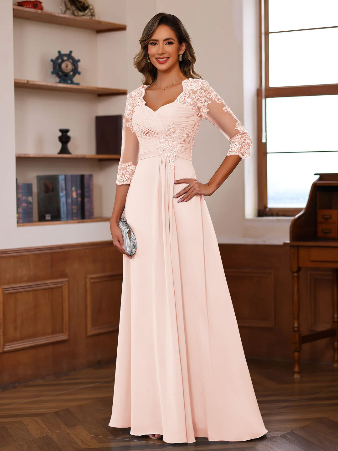 Sweetheart Neck A-Line Princess Gown with 3/4 Sleeves Floor-Length Lace Bridal Dress Featuring Ruffles & Appliques