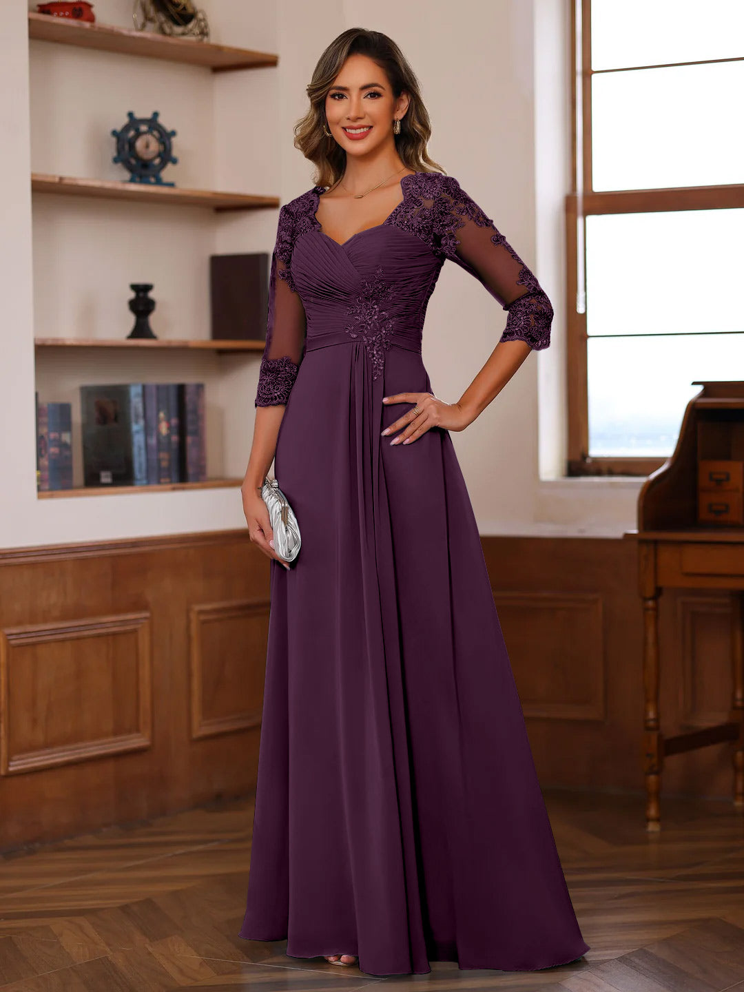 Sweetheart Neck A-Line Princess Gown with 3/4 Sleeves Floor-Length Lace Bridal Dress Featuring Ruffles & Appliques