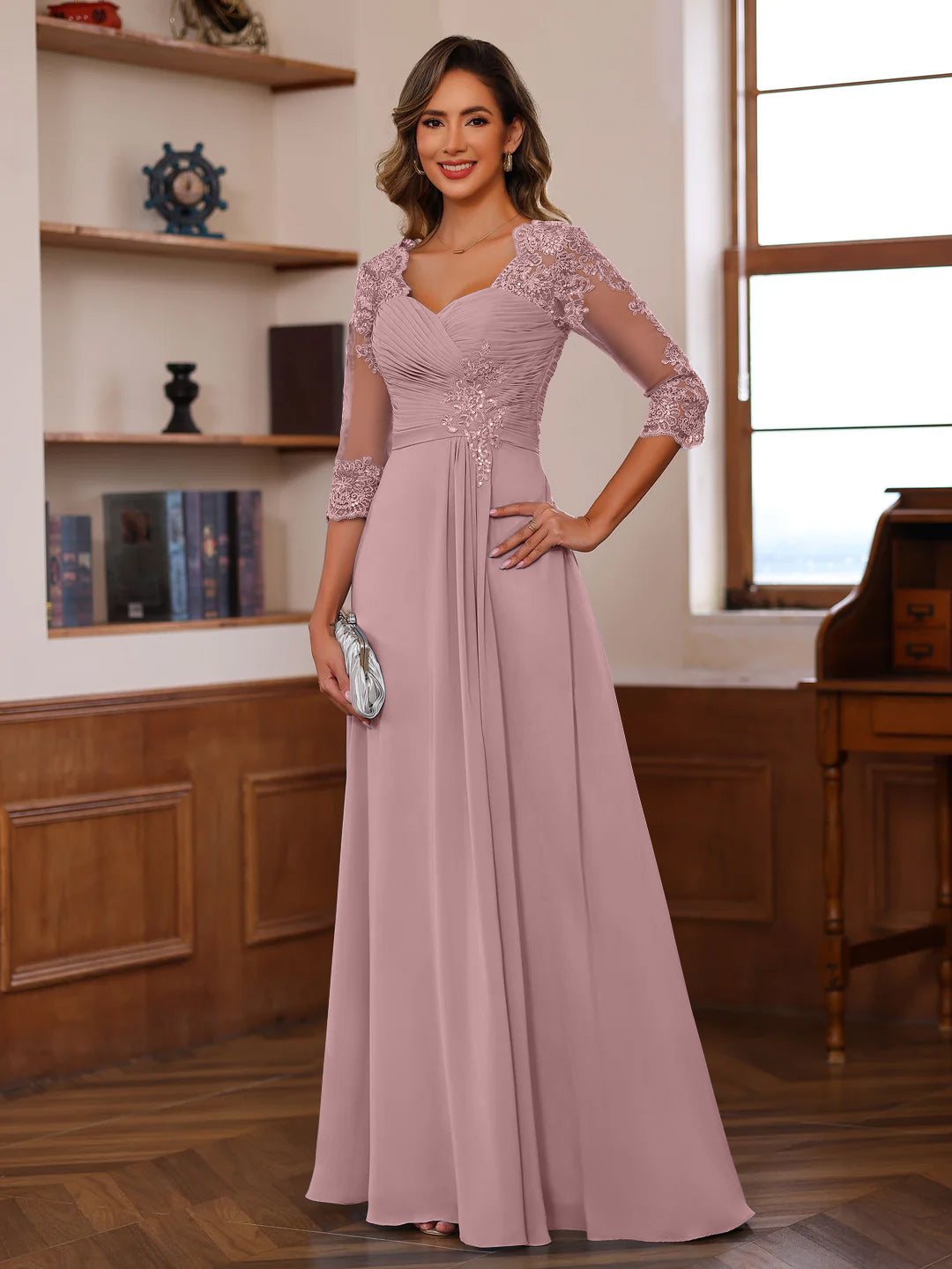 Sweetheart Neck A-Line Princess Gown with 3/4 Sleeves Floor-Length Lace Bridal Dress Featuring Ruffles & Appliques