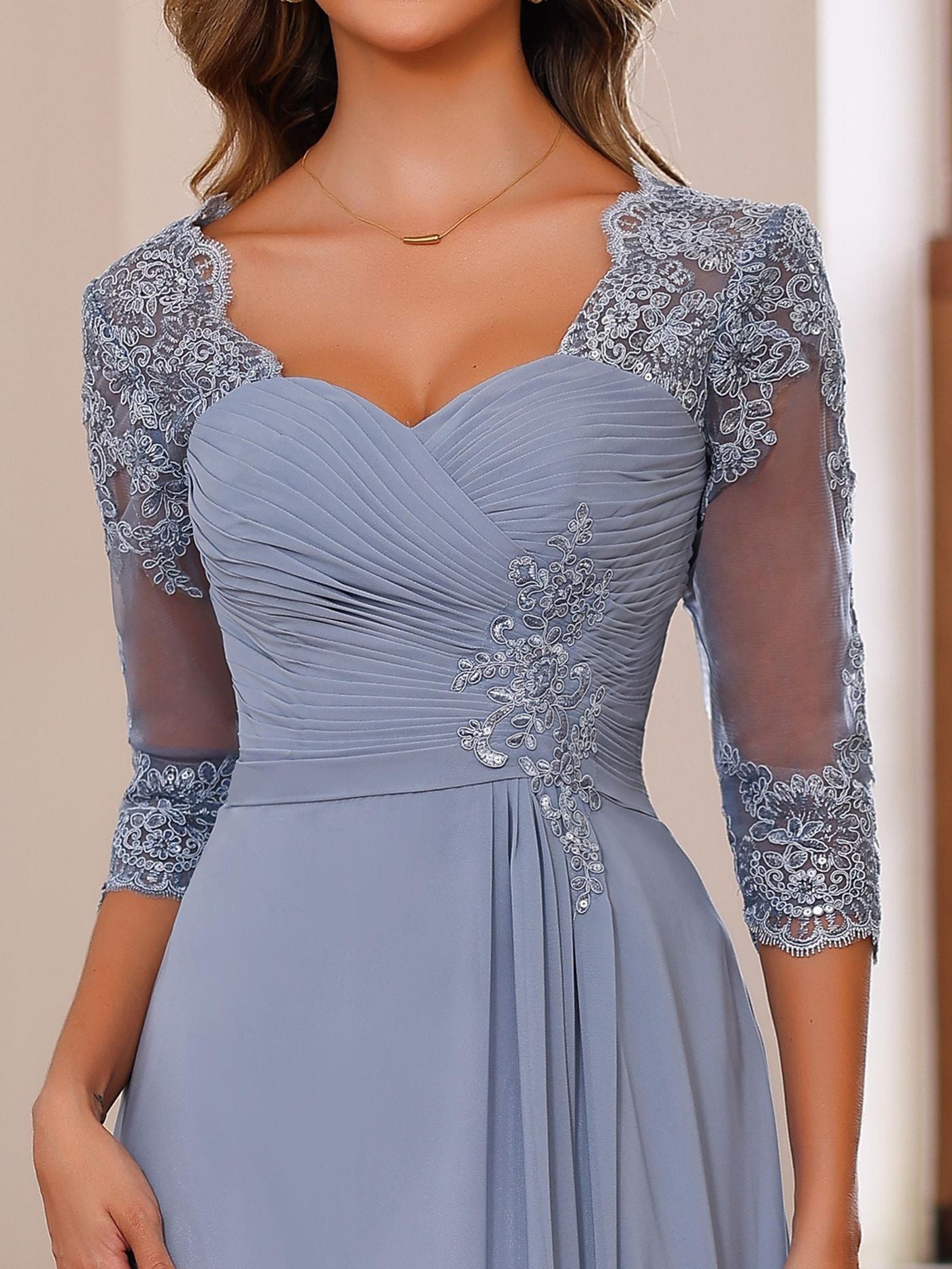 Sweetheart Neck A-Line Princess Gown with 3/4 Sleeves Floor-Length Lace Bridal Dress Featuring Ruffles & Appliques