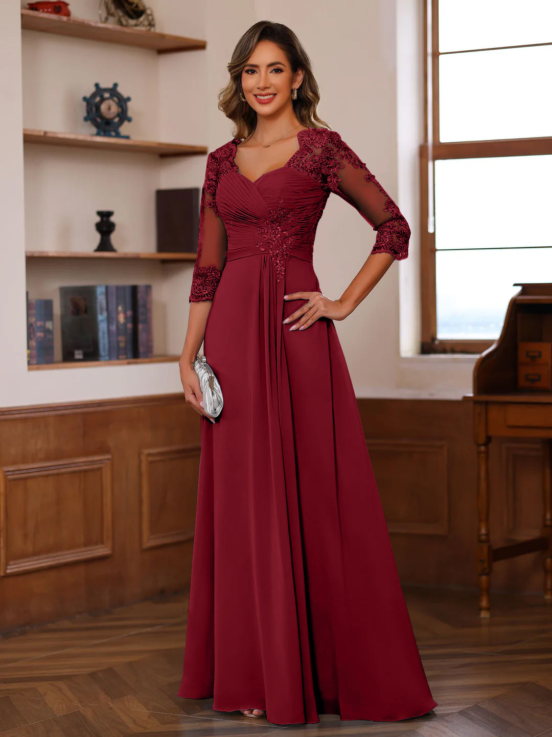 Sweetheart Neck A-Line Princess Gown with 3/4 Sleeves Floor-Length Lace Bridal Dress Featuring Ruffles & Appliques
