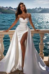 Sweetheart Neckline Sweep Train Satin Panel Train Beach Wedding Dress With Front Split