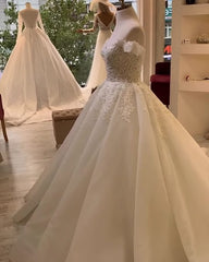 Sweetheart Off the Shoulder A Line Wedding Dress with Ruffles and Lace Appliques