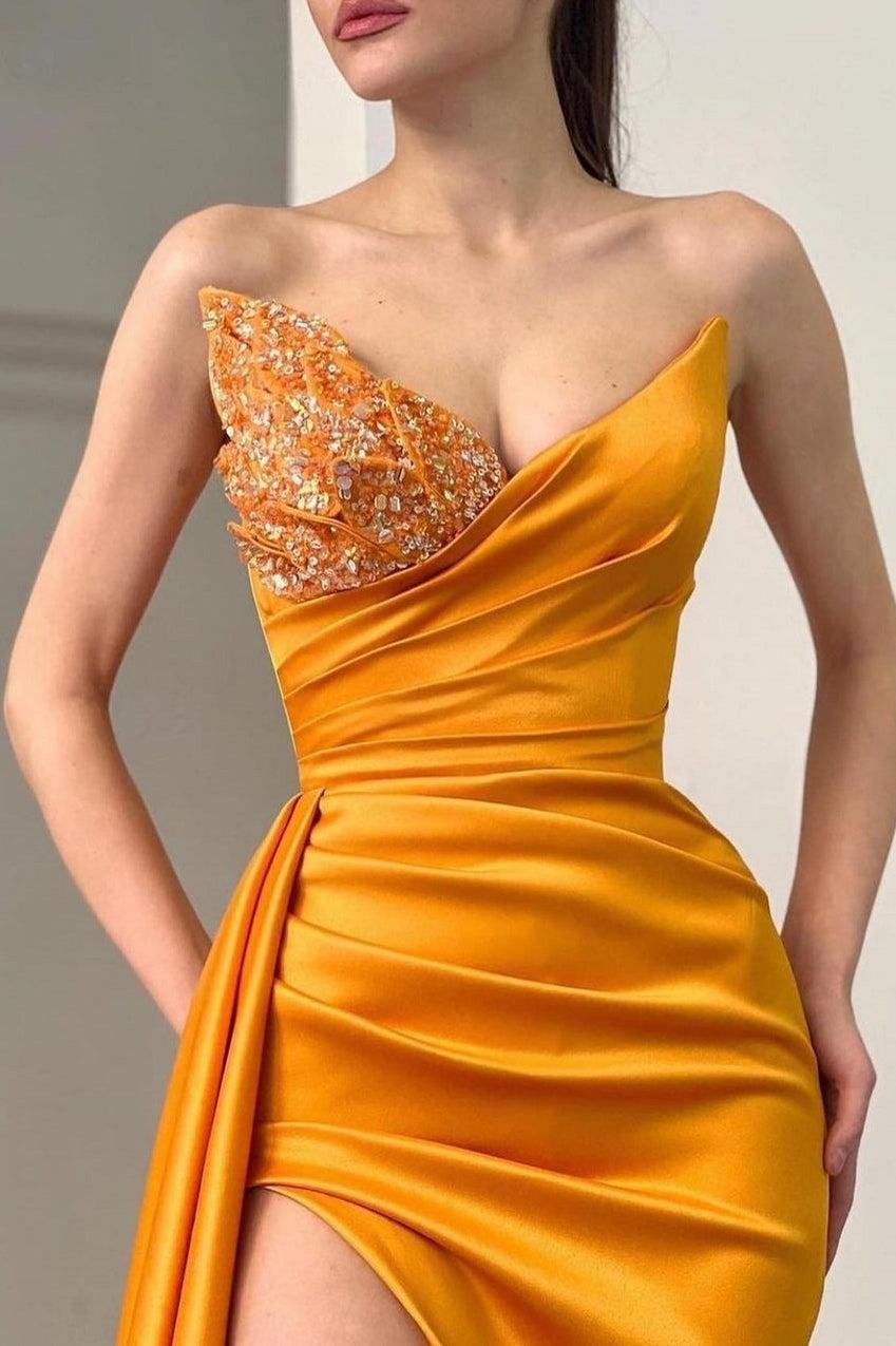 Sweetheart Orange Beaded Long Mermaid Prom Dress With Panel Train
