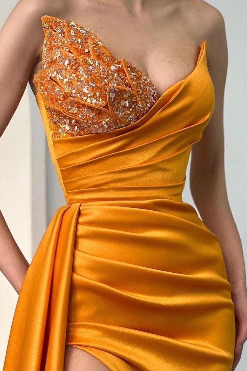 Sweetheart Orange Beaded Long Mermaid Prom Dress With Panel Train