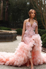 Sweetheart Pink Prom Dress Beaded Lace Strapless Pretty Formal Dress