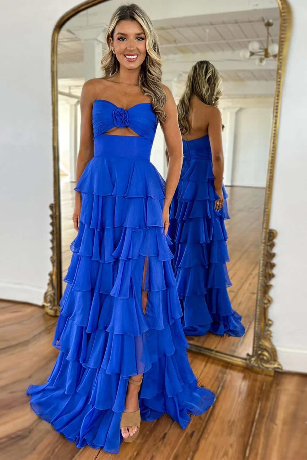 Pink Sweetheart Ruffled Long Prom Dress with Slit