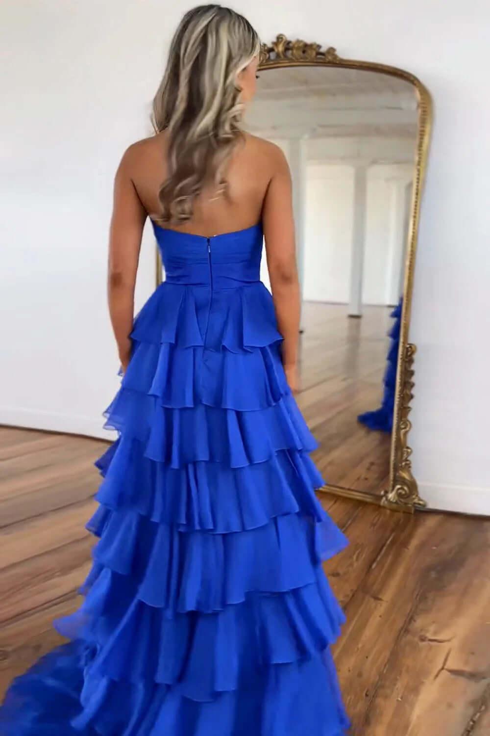 Pink Sweetheart Ruffled Long Prom Dress with Slit