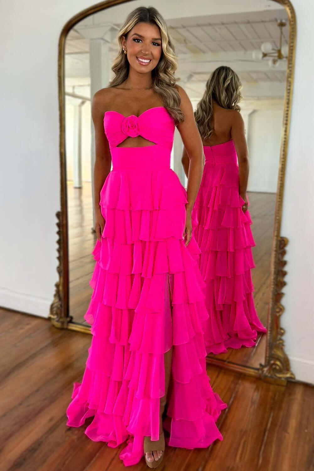 Pink Sweetheart Ruffled Long Prom Dress with Slit