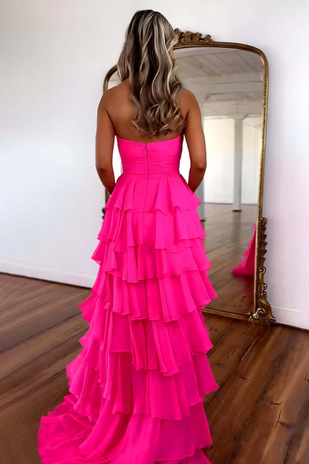 Pink Sweetheart Ruffled Long Prom Dress with Slit