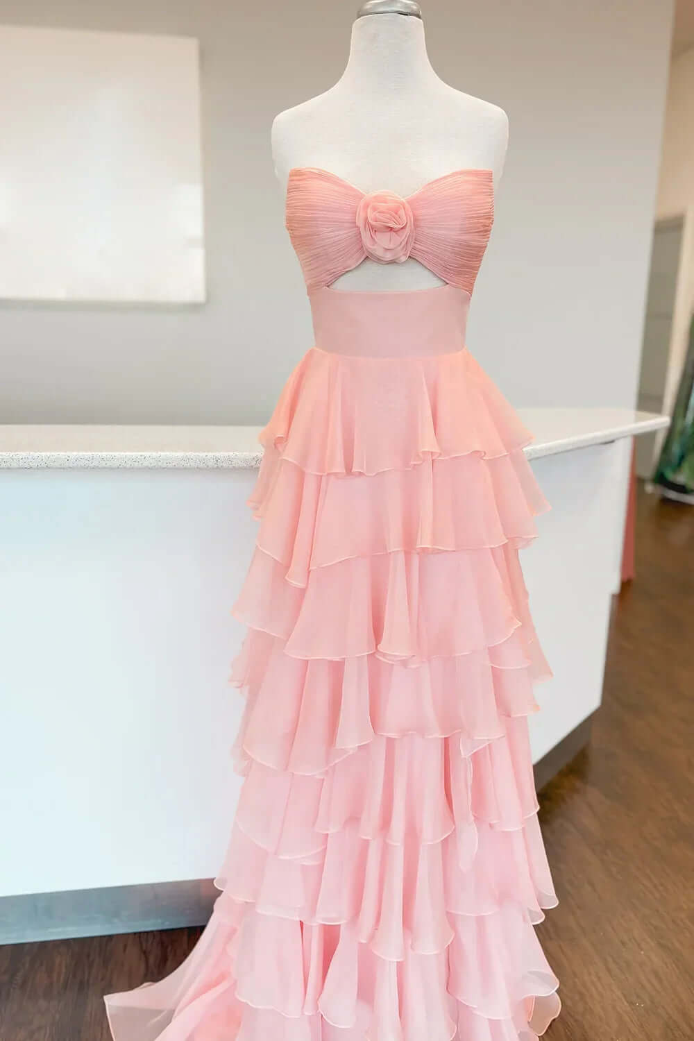 Pink Sweetheart Ruffled Long Prom Dress with Slit