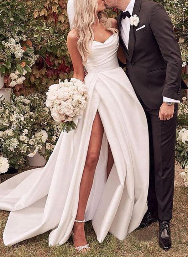 Sweetheart Satin Sweep Train Beach Wedding Dresses With Split Front