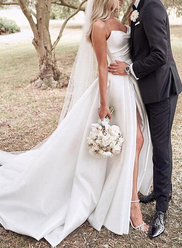 Sweetheart Satin Sweep Train Beach Wedding Dresses With Split Front