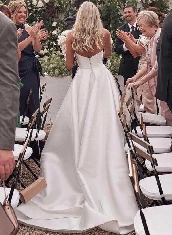 Sweetheart Satin Sweep Train Beach Wedding Dresses With Split Front