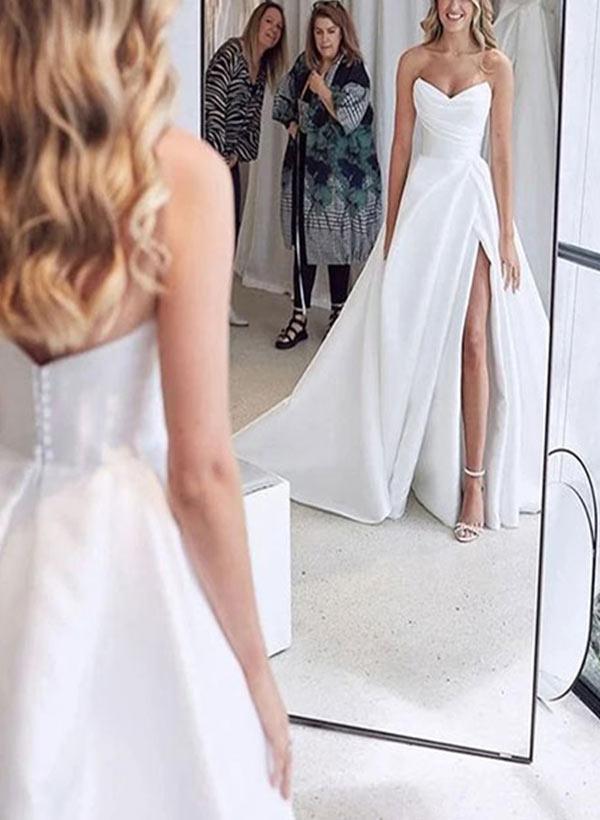 Sweetheart Satin Sweep Train Beach Wedding Dresses With Split Front