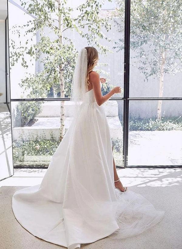 Sweetheart Satin Sweep Train Beach Wedding Dresses With Split Front