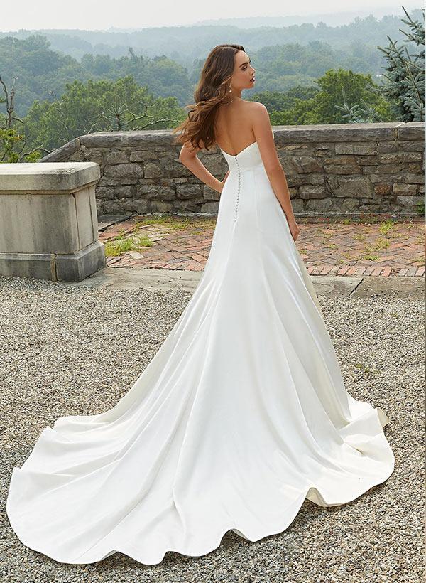 Sweetheart Sleeveless A-Line Satin Beach Wedding Dresses with Sweep Train