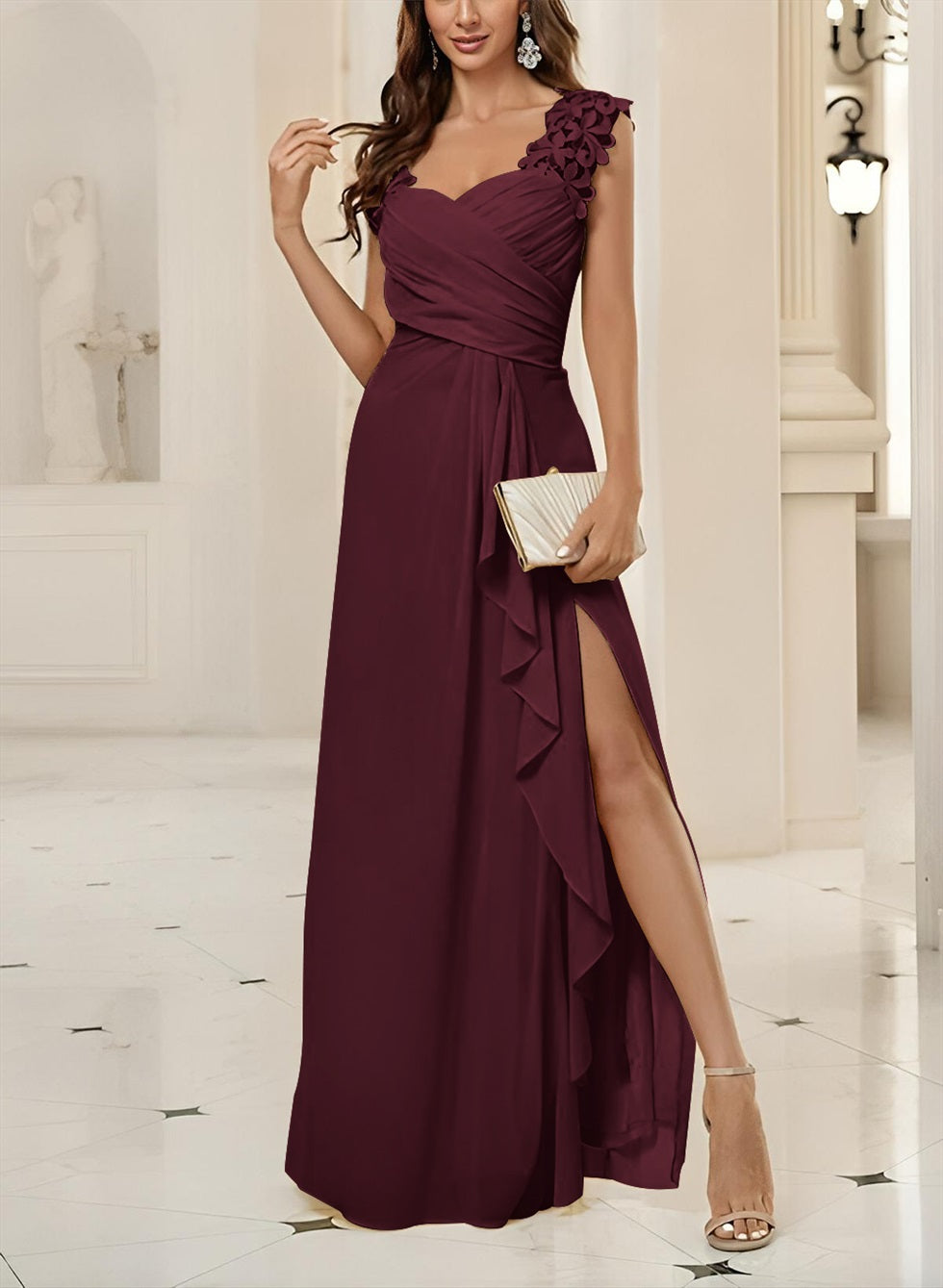 Sweetheart Sleeveless Floor Length Chiffon Bridesmaid Dresses With Lace