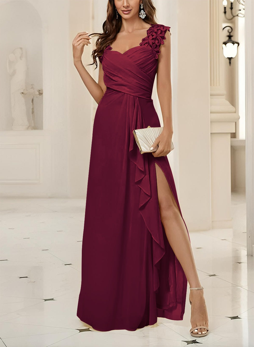 Sweetheart Sleeveless Floor Length Chiffon Bridesmaid Dresses With Lace