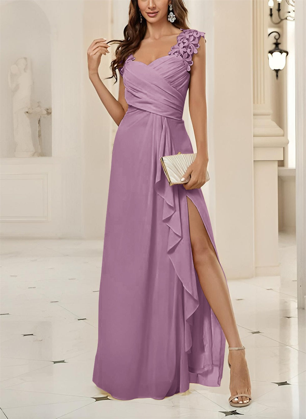 Sweetheart Sleeveless Floor Length Chiffon Bridesmaid Dresses With Lace