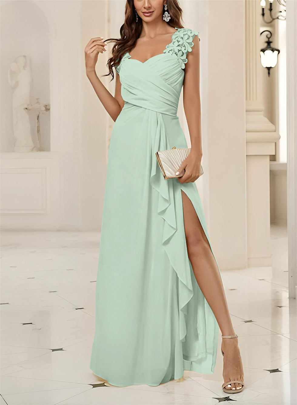 Sweetheart Sleeveless Floor Length Chiffon Bridesmaid Dresses With Lace